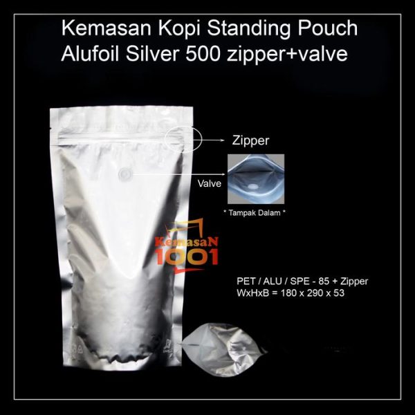 Kemasan Kopi Alufoil Silver 500 gram + Zipper dan Valve
