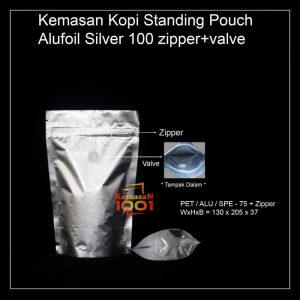 Kemasan Kopi Alufoil Silver 100 gram + Zipper dan Valve