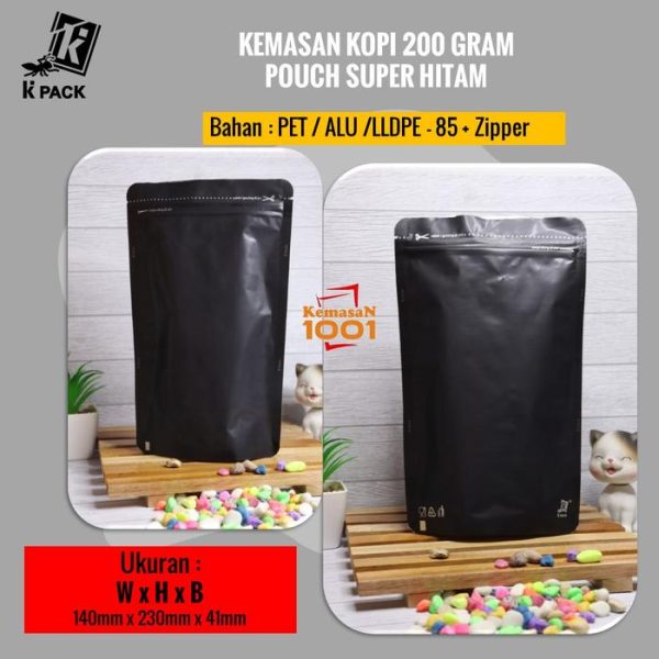 Kemasan Kopi Alufoil Hitam 200 gram + Zipper dan Valve