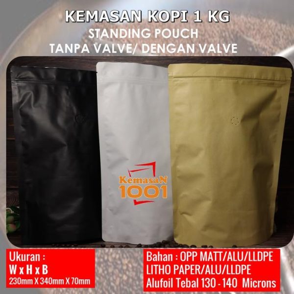 Standing Pouch 2000 Z Tanpa Valve - Kemasan Kopi 1 Kg aluminium foil - Hitam Doff