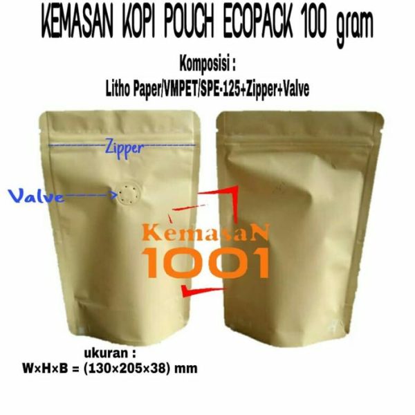 Kemasan Kopi Paper Metalized 100 gram + Zipper dan Valve