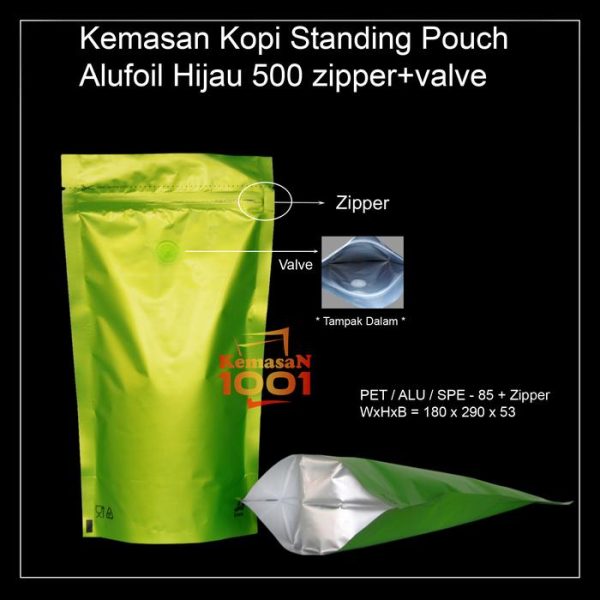 Kemasan Kopi Alufoil Hijau 500 gram + Zipper dan Valve