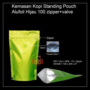 Kemasan Kopi Alufoil Hijau 100 gram + Zipper dan Valve