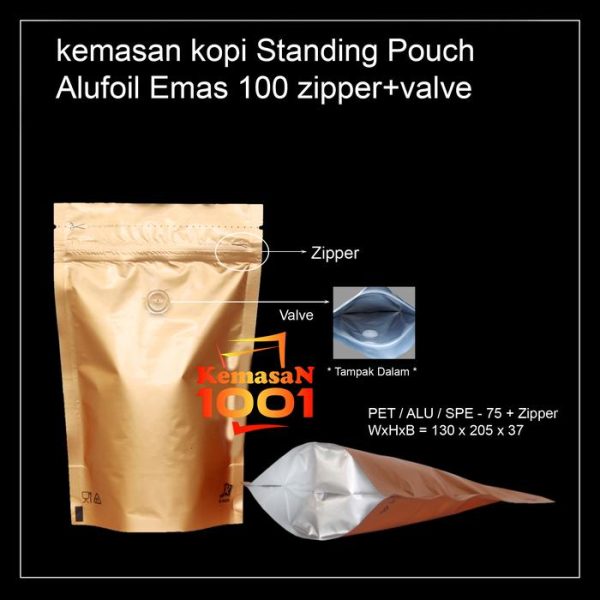 Kemasan Kopi Alufoil Emas 100 gram + Zipper dan Valve