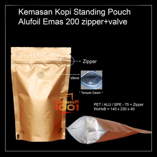 Kemasan Kopi Alufoil Emas 200 gram + Zipper dan Valve