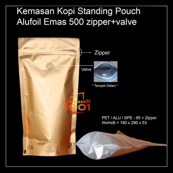 Kemasan Kopi Alufoil Emas 500 gram + Zipper dan Valve