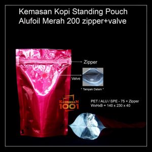 Kemasan Kopi Alufoil Merah 200 gram + Zipper dan Valve