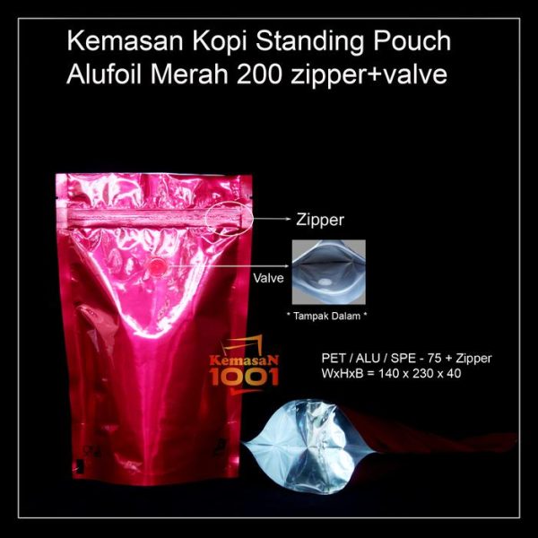 Kemasan Kopi Alufoil Merah 200 gram + Zipper dan Valve