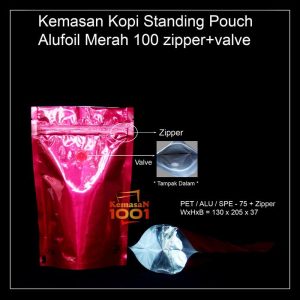 Kemasan Kopi Alufoil Merah 100 gram + Zipper dan Valve