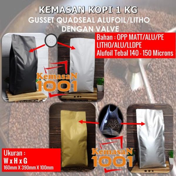 Kemasan Kopi 1 Kg - Gusset 2000 dengan Valve - Hitam Doff
