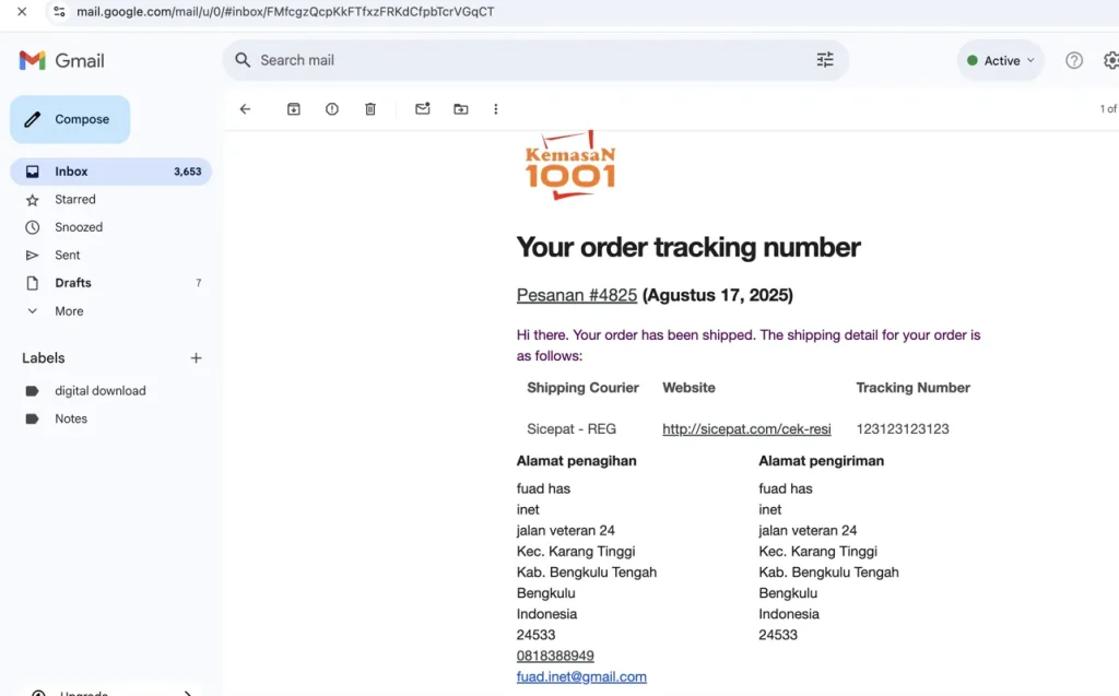 resi kirim ke email