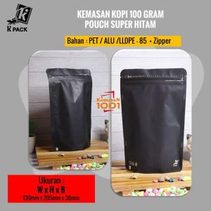 Kemasan Kopi Alufoil Hitam 100 gram + Zipper dan Valve