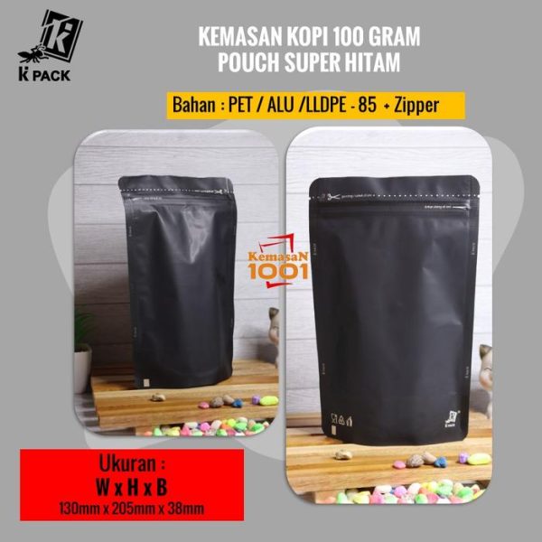 Kemasan Kopi Alufoil Hitam 100 gram + Zipper dan Valve