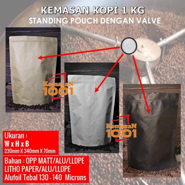 Kemasan Kopi 1 Kg - Standing Pouch 2000 Z dengan Valve - Hitam Doff